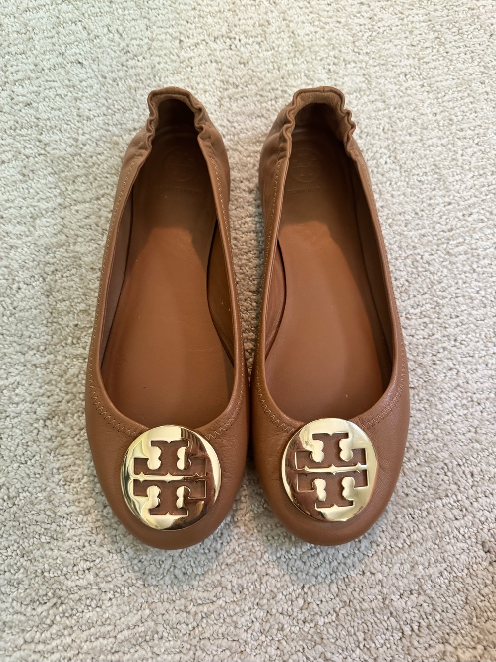 Tory Burch Brown Leather Reva Ballet Flats with Gold Logo